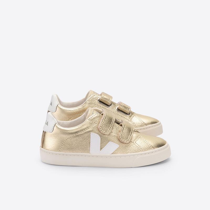 Zapatillas Veja Niños Madrid - Esplar Velcro Tenis Blancas Doradas Cuero ES4571873